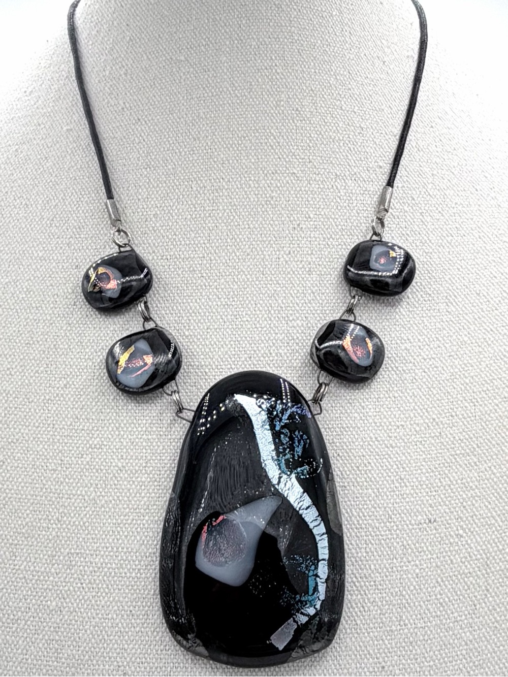 Artesian Opaque Black Dichroic Fused Glass Metallic Woman’s Necklace Jewelry